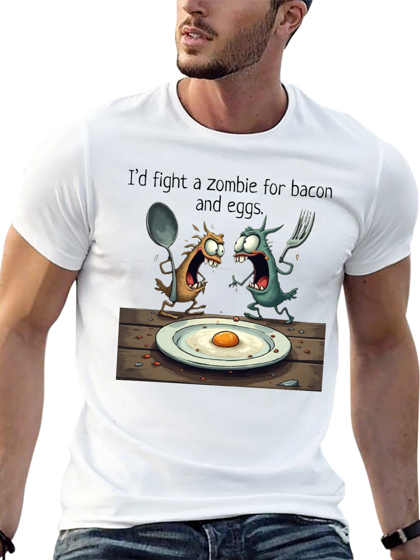 Black Zombie Bacon & Eggs T-Shirt: Funny Cartoon Foodie Tee view 13