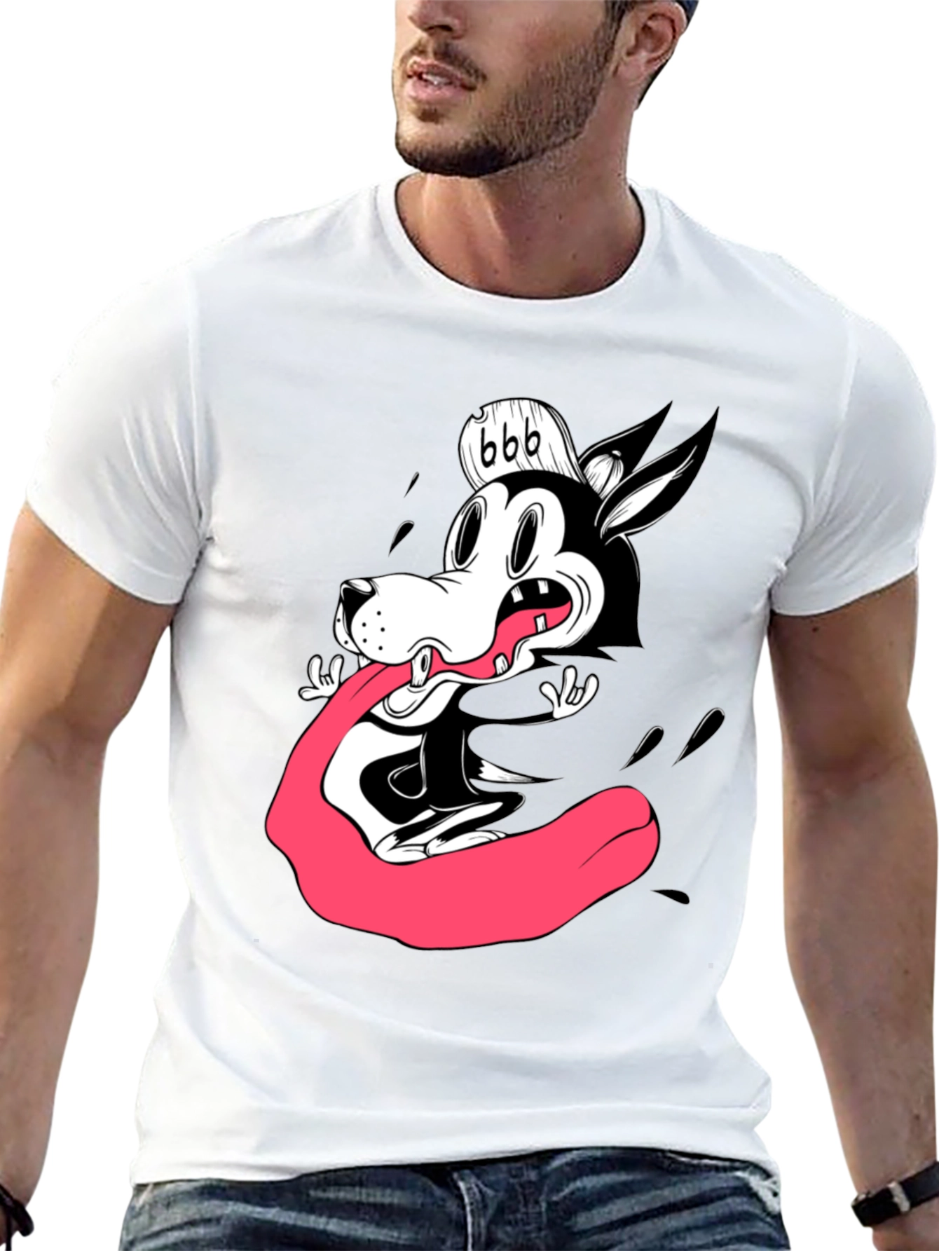 Black Cartoon Wolf Graphic Tee - Black Cotton T-Shirt view 13