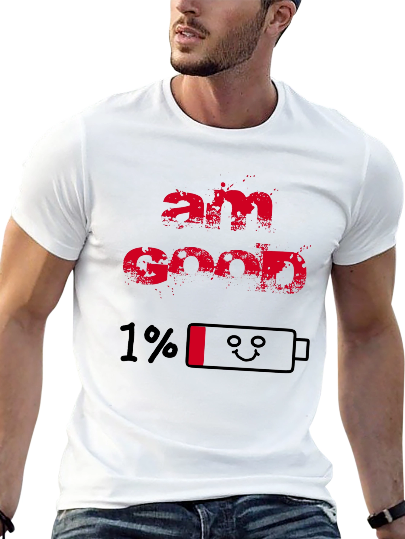 Black Am Good 1% Battery T-Shirt - Funny Low Energy Tee view 13