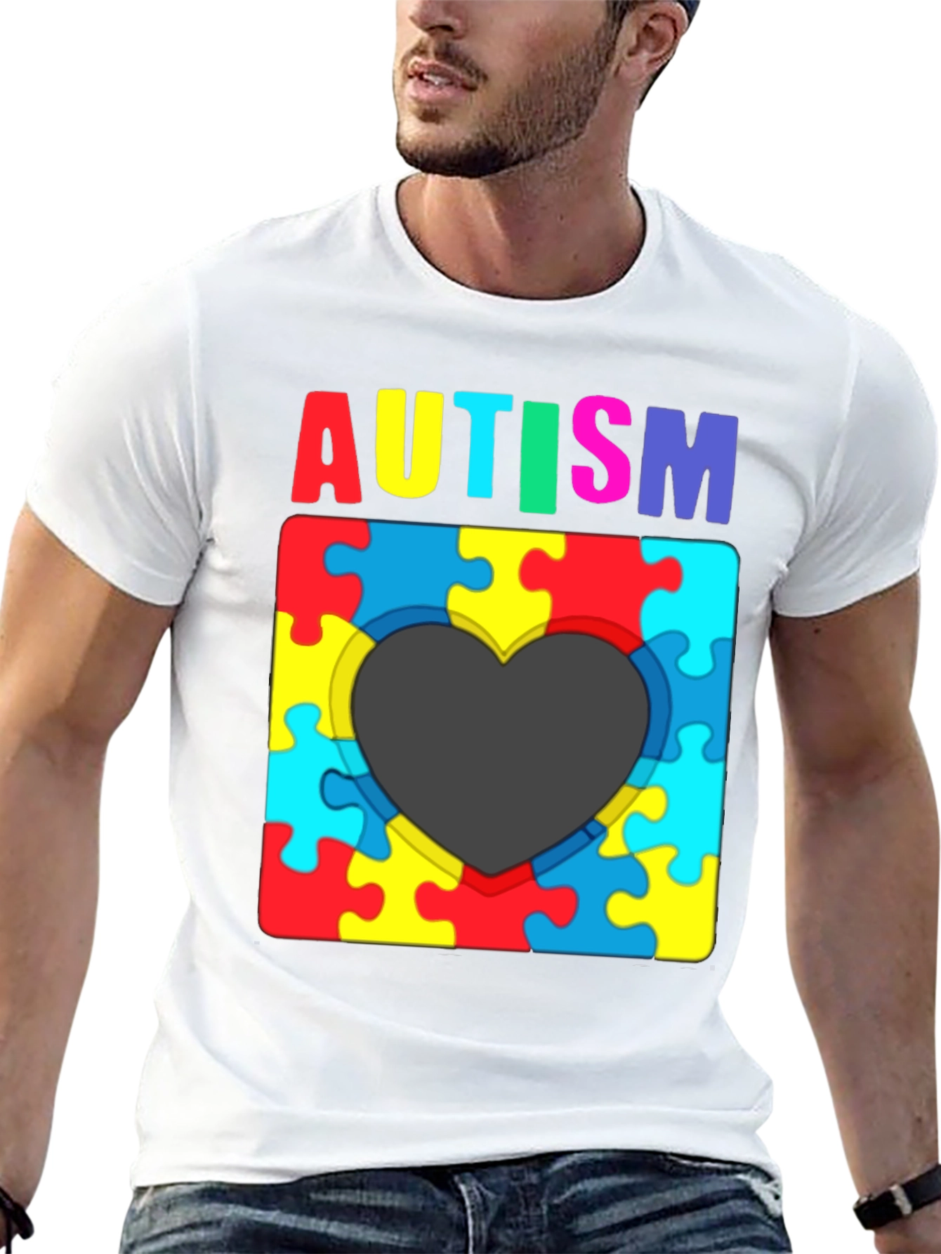 Black Autism Awareness Puzzle Heart T-Shirt view 13