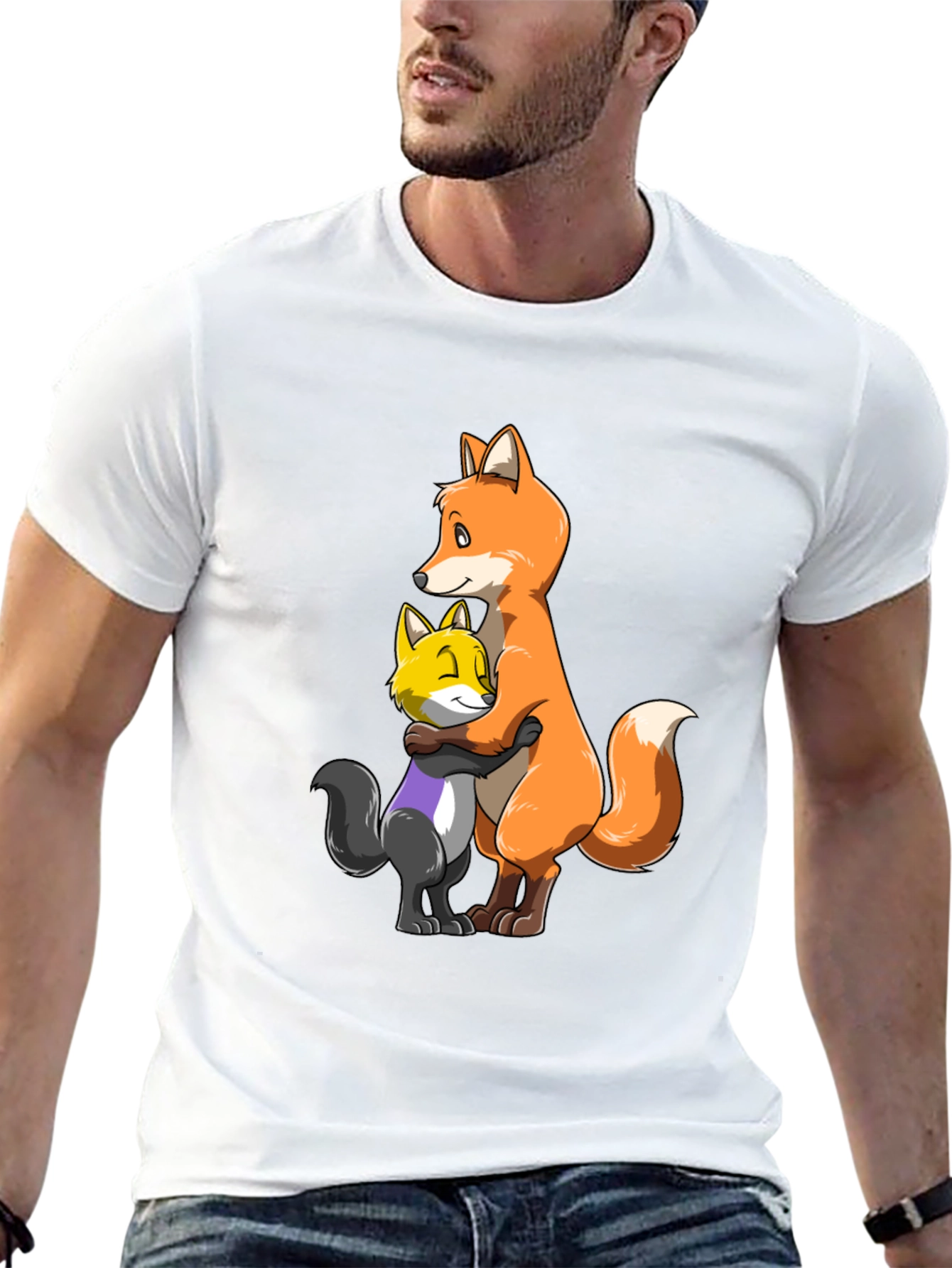 Black Fox Hug T-Shirt - Cute Cartoon Animal Graphic Tee view 13