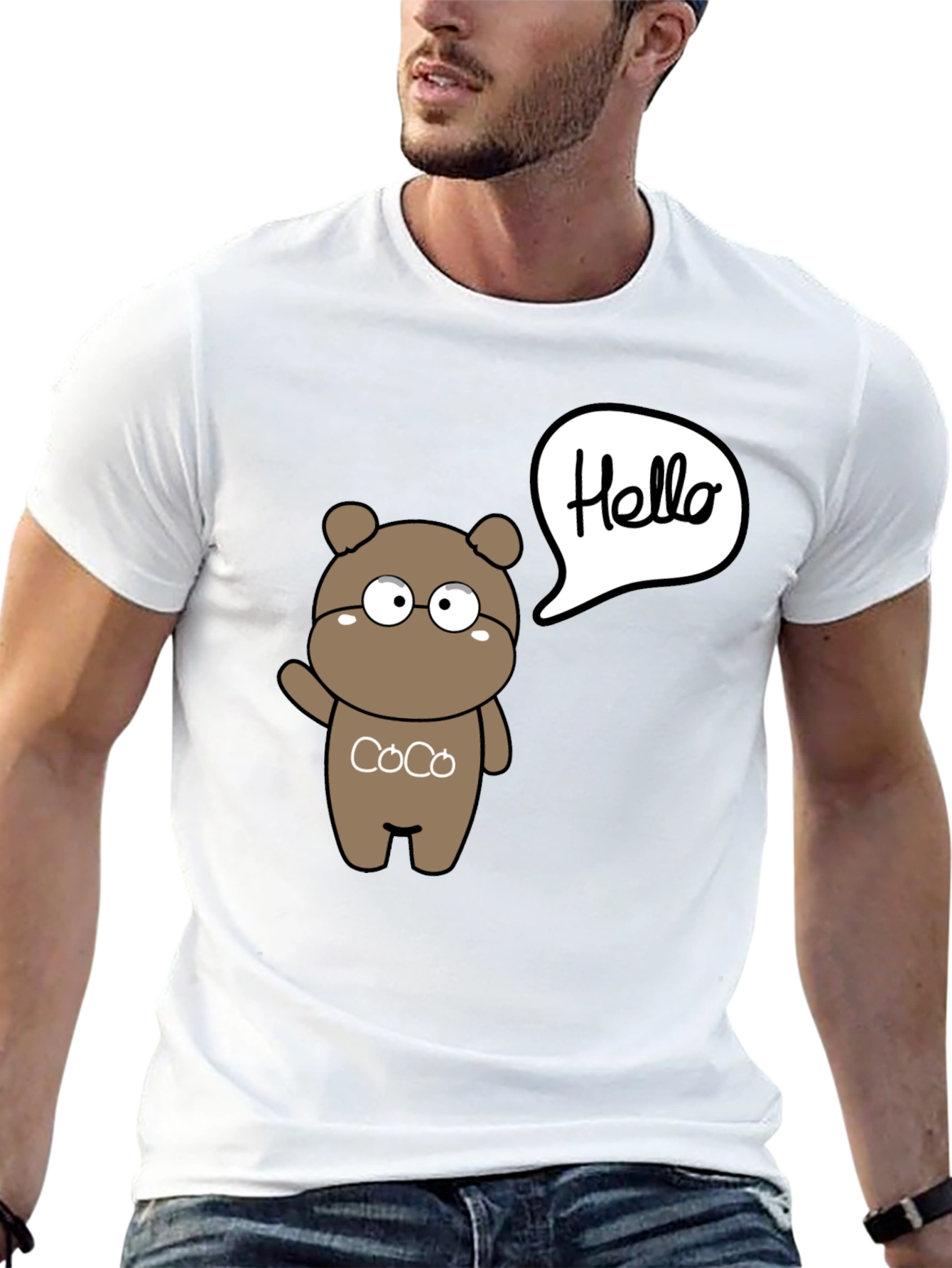 Black Cute Cartoon Bear Hello Graphic Black T-Shirt view 13