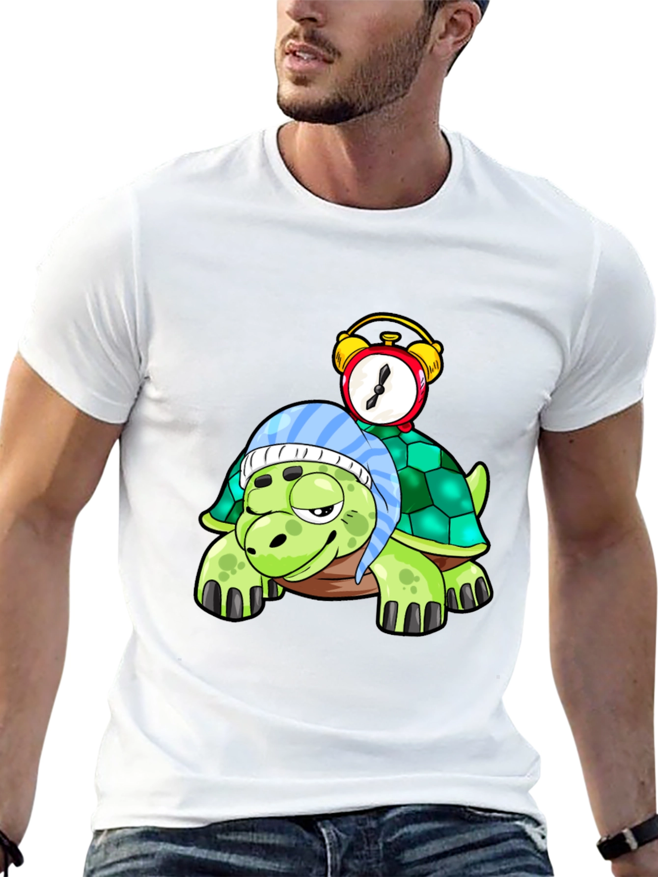 Black Cartoon Turtle with Alarm Clock T-Shirt view 13