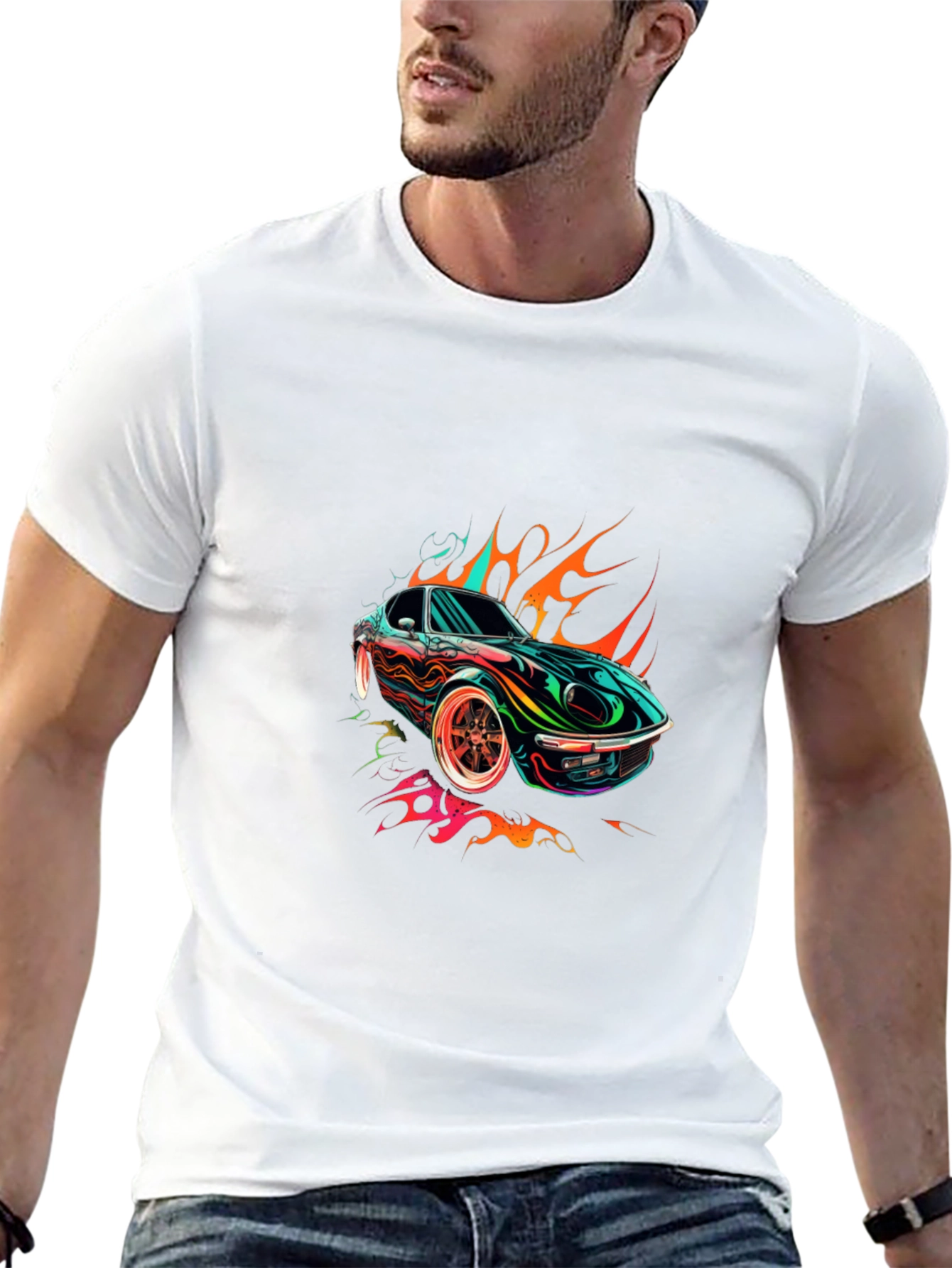 Black Flaming Car Graphic Tee - Stylish Cotton Blend view 13