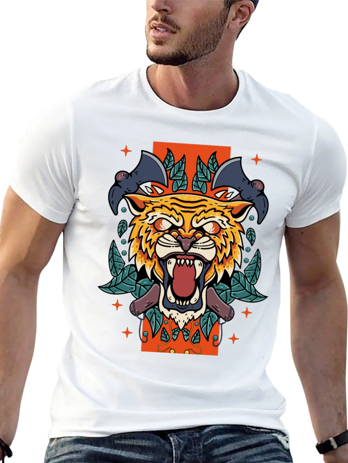 Black Tiger & Bats Graphic Print Black T-Shirt view 13