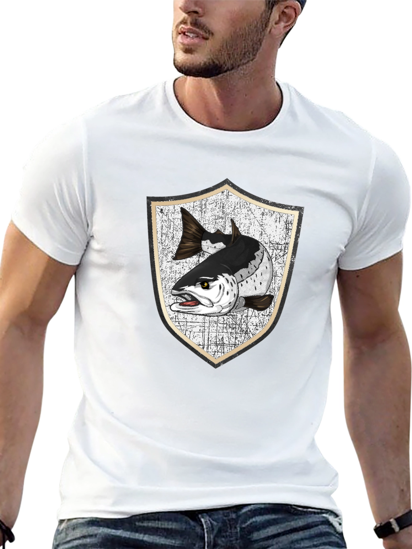 Men's Black T-Shirt with Fish Crest Graphic - 13