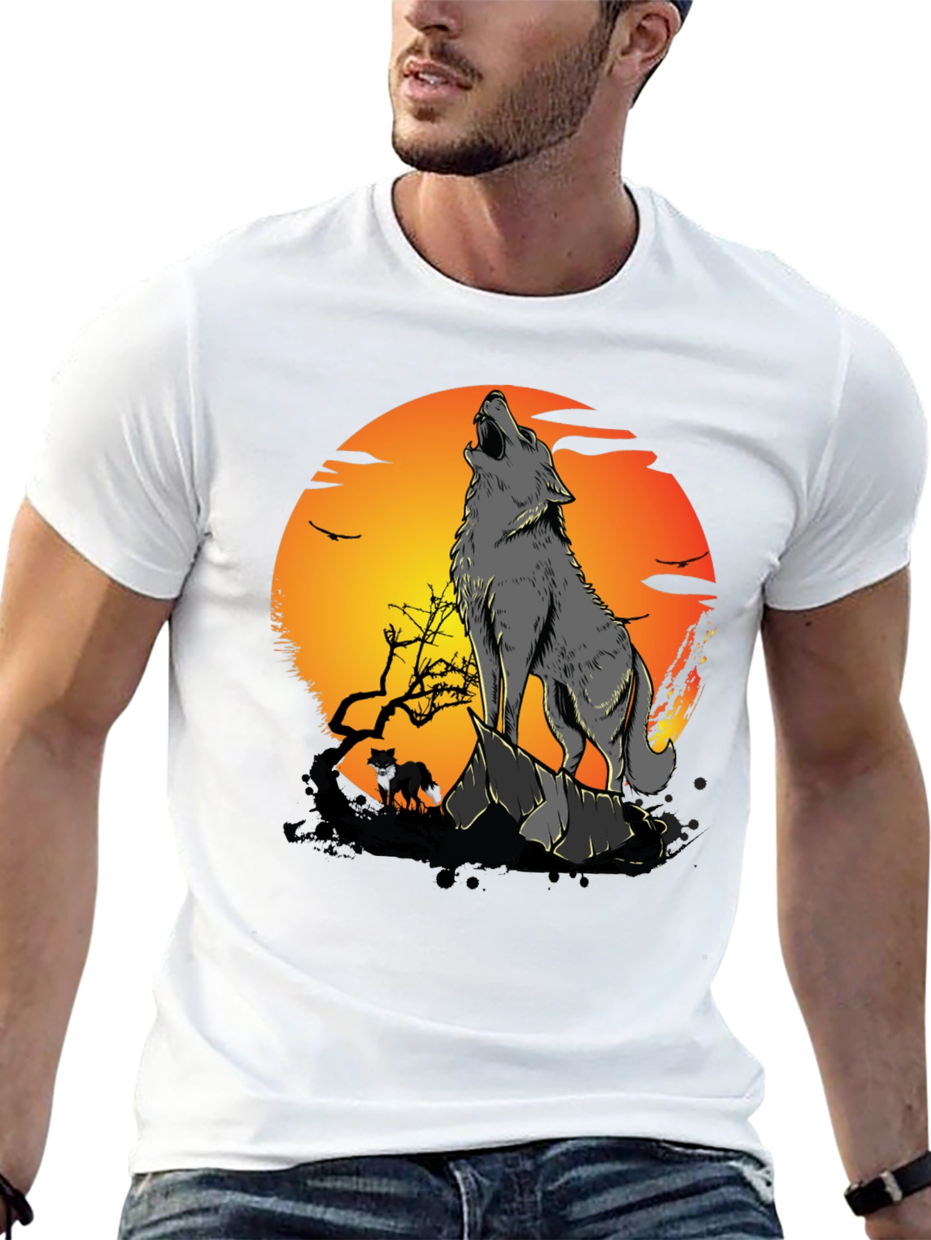 Black Wolf Howling at Moon Graphic Tee view 13