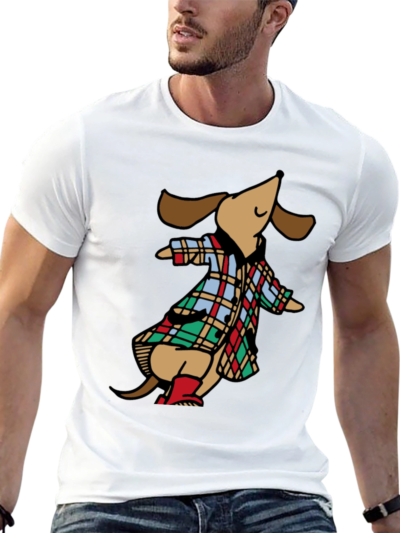 Black Dachshund in Plaid Raincoat T-Shirt view 13