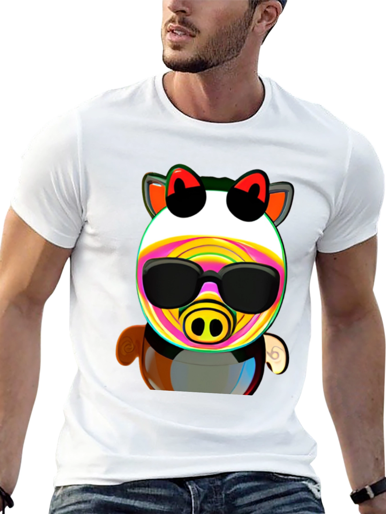 Black Cartoon Pig in Sunglasses Graphic Tee - Black view 13