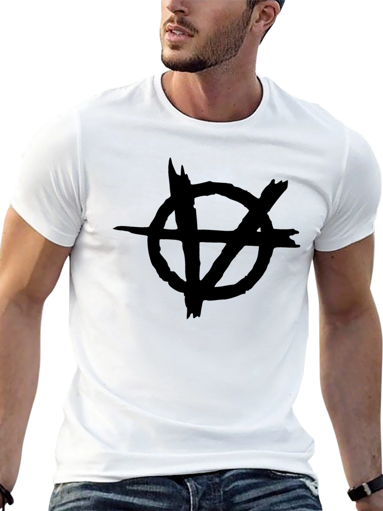 Black Distressed Circle V Symbol Black T-Shirt view 13
