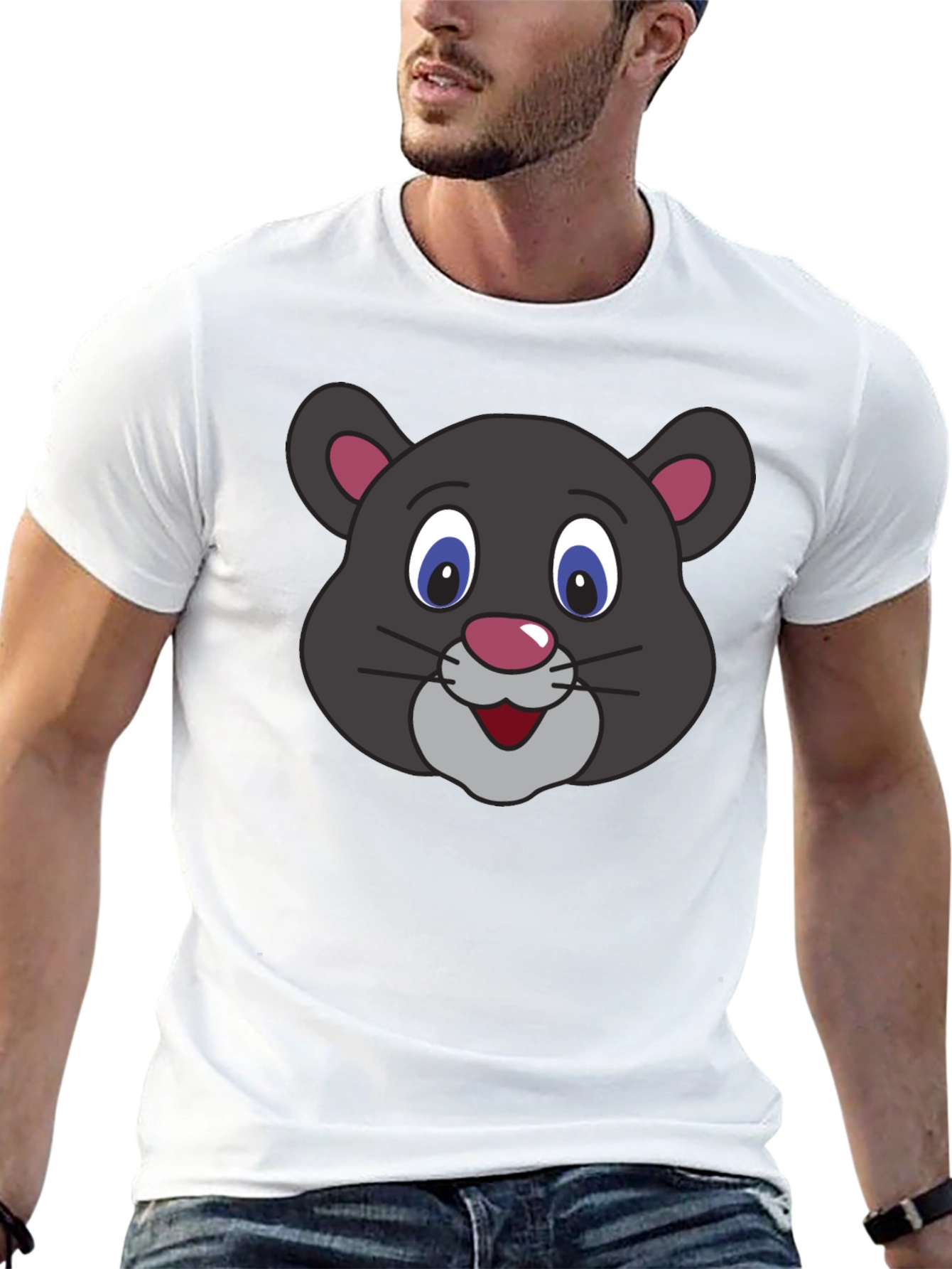 Black Cute Cartoon Panther Face Black T-Shirt view 13