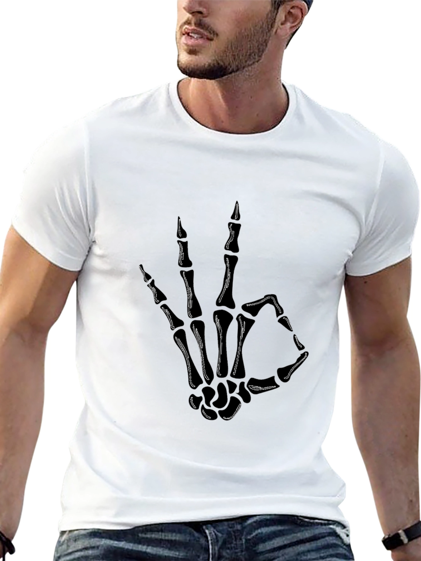 Black Skeleton Hand OK Sign Graphic Tee view 13