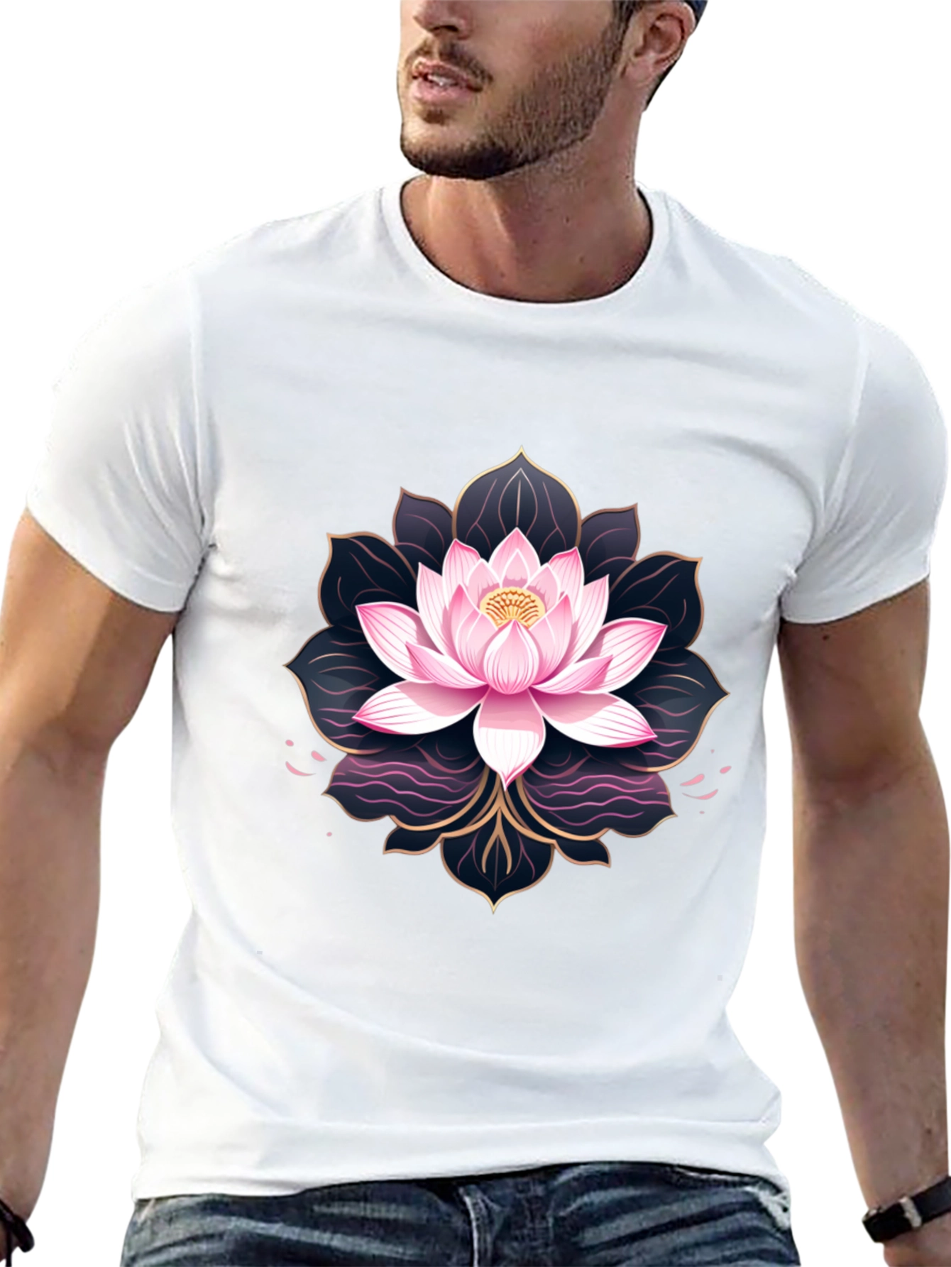 Black Lotus Flower Graphic Print Men's Black T-Shirt view 13