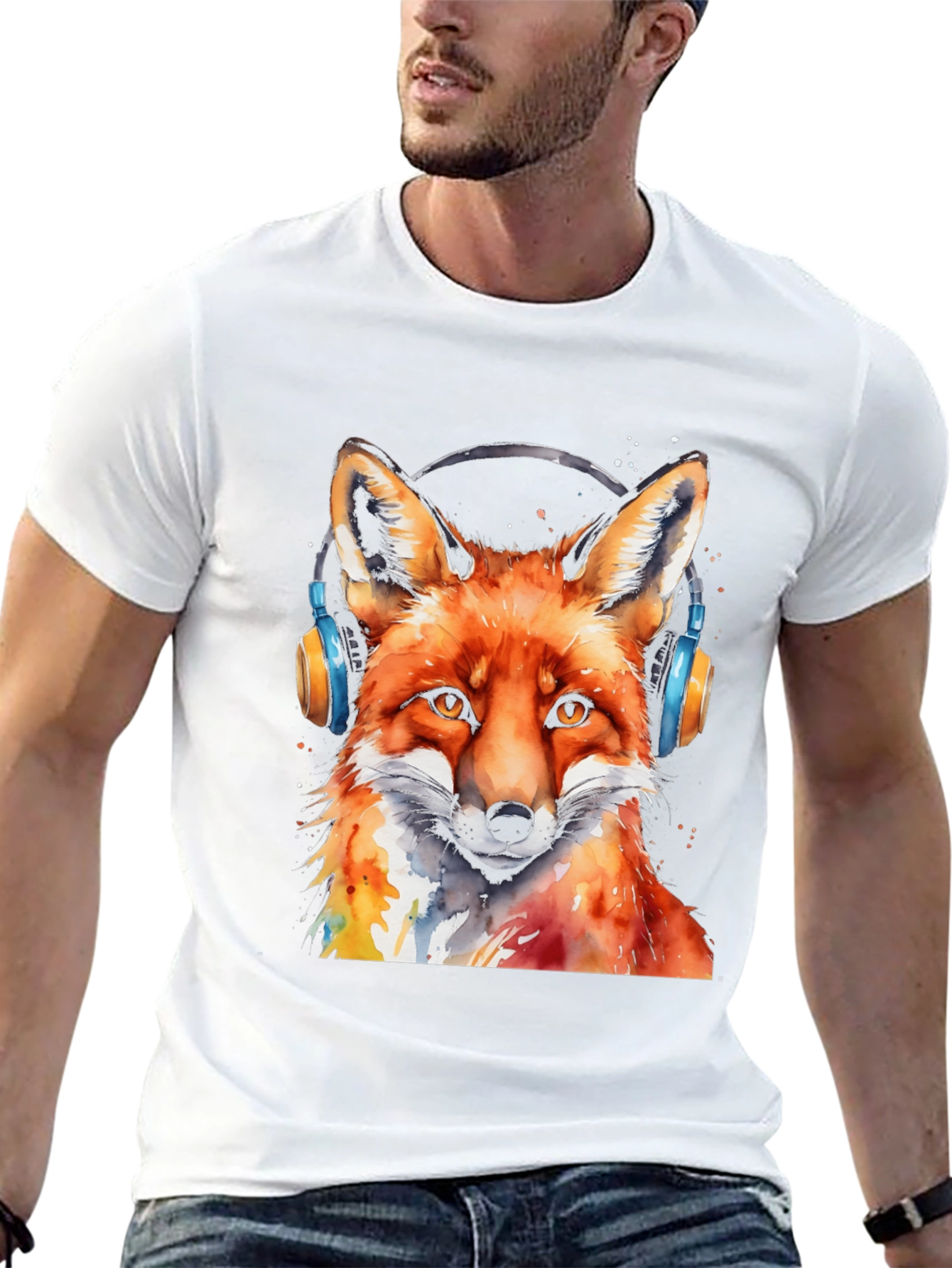 Black Cool Fox Headphones T-Shirt view 13