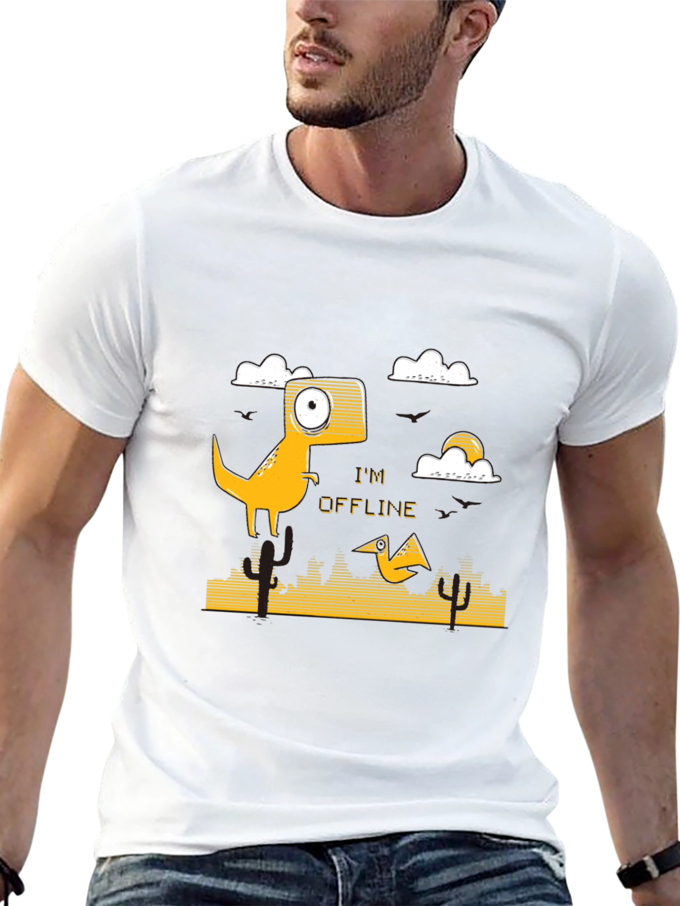 Black I'm Offline T-Shirt - Dinosaur Design - Black view 13