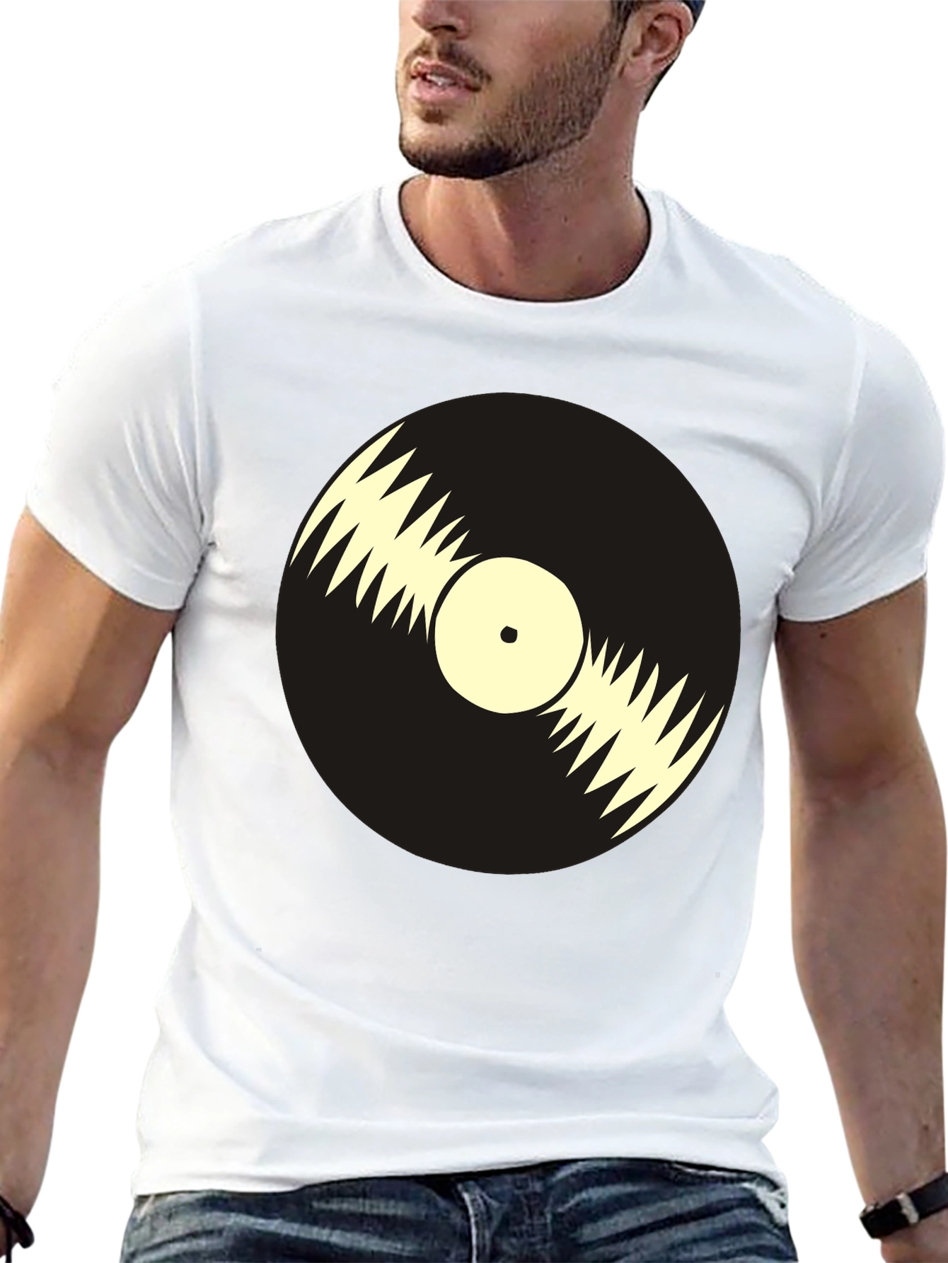 Black Retro Vinyl Record Graphic Tee - Black Cotton T-Shirt view 13