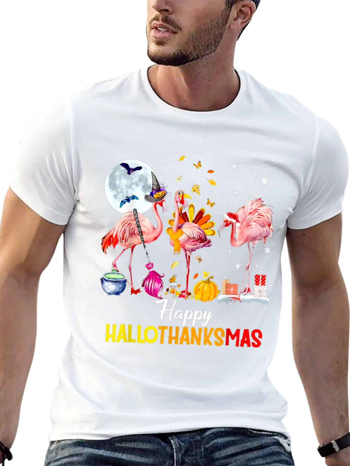 Black Happy HALLOTHANKS Christmas Flamingo T-Shirt view 13