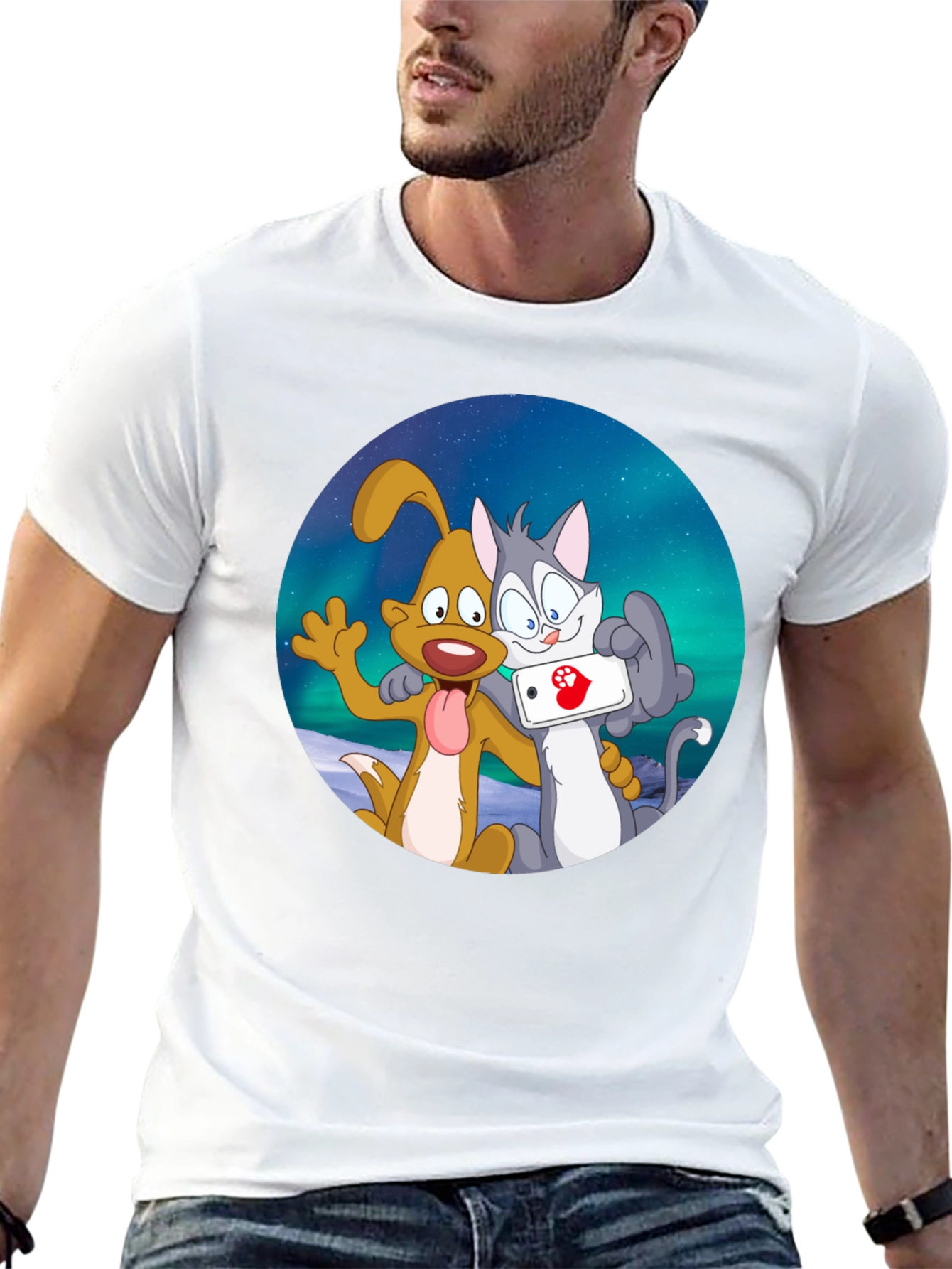 Black Cartoon Dog and Cat Selfie Black T-Shirt view 13