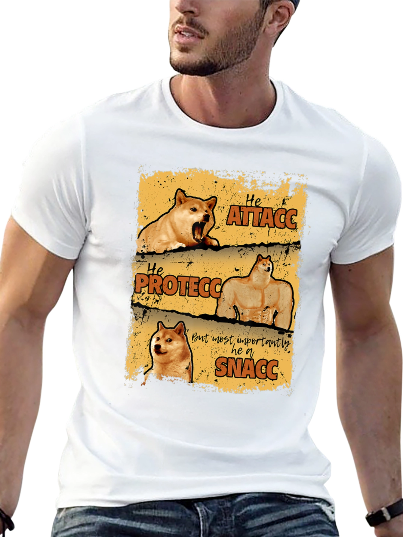 Black He Protecc Attacc Snacc Doge Meme T-Shirt view 13