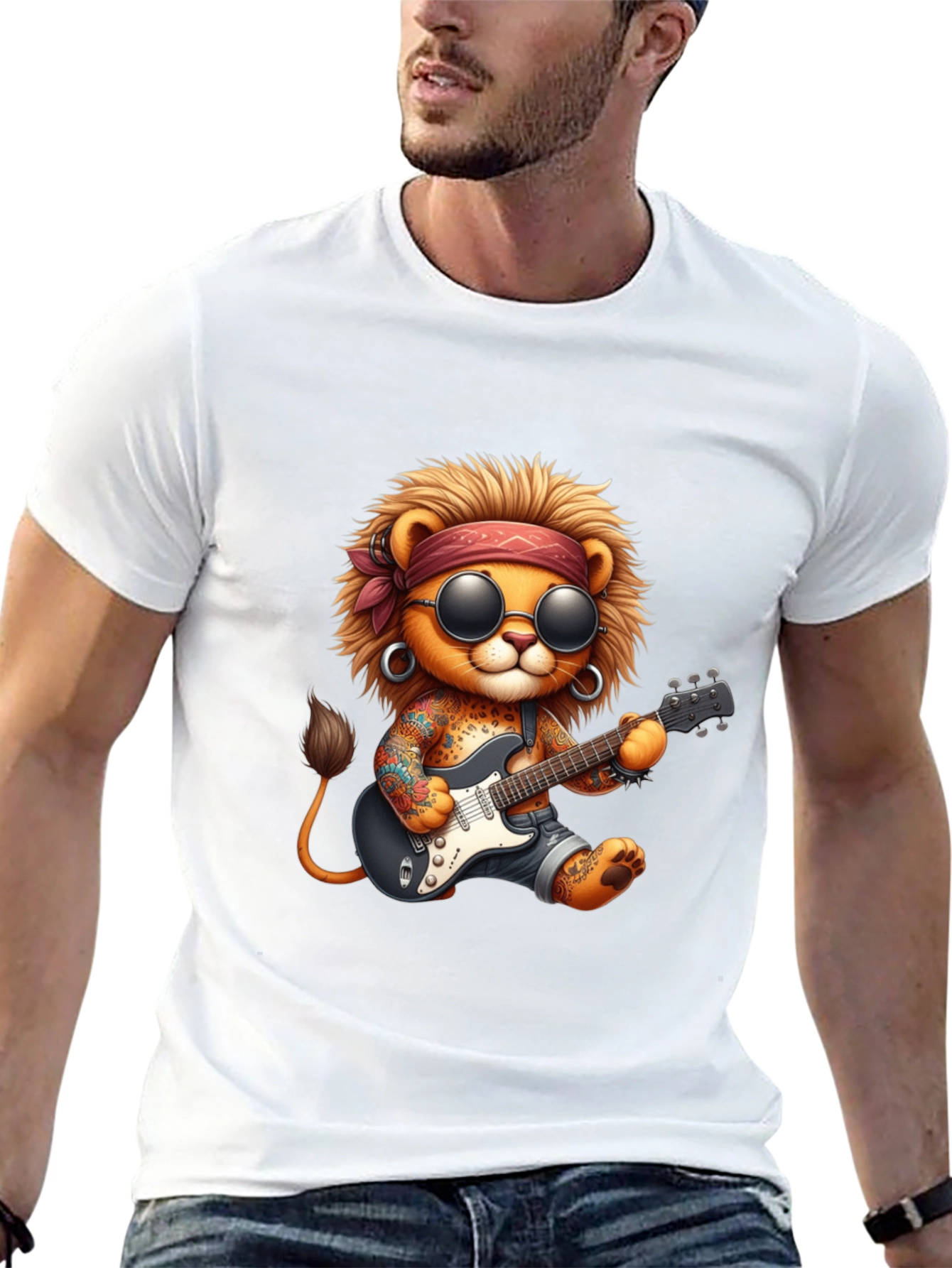 Black Cool Lion Guitarist Graphic Tee view 13
