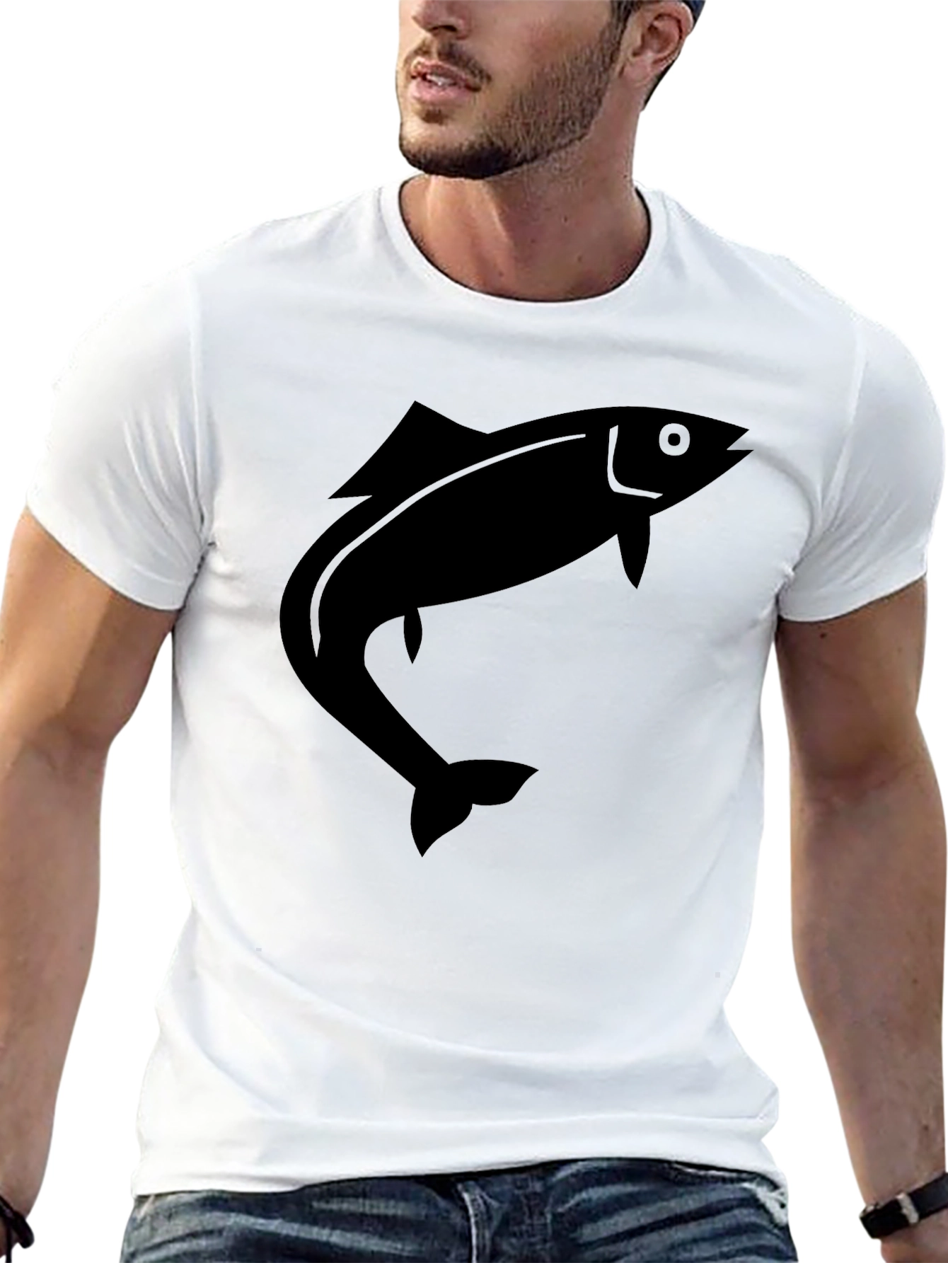 Black Men's Black T-Shirt with Fish Graphic view 13