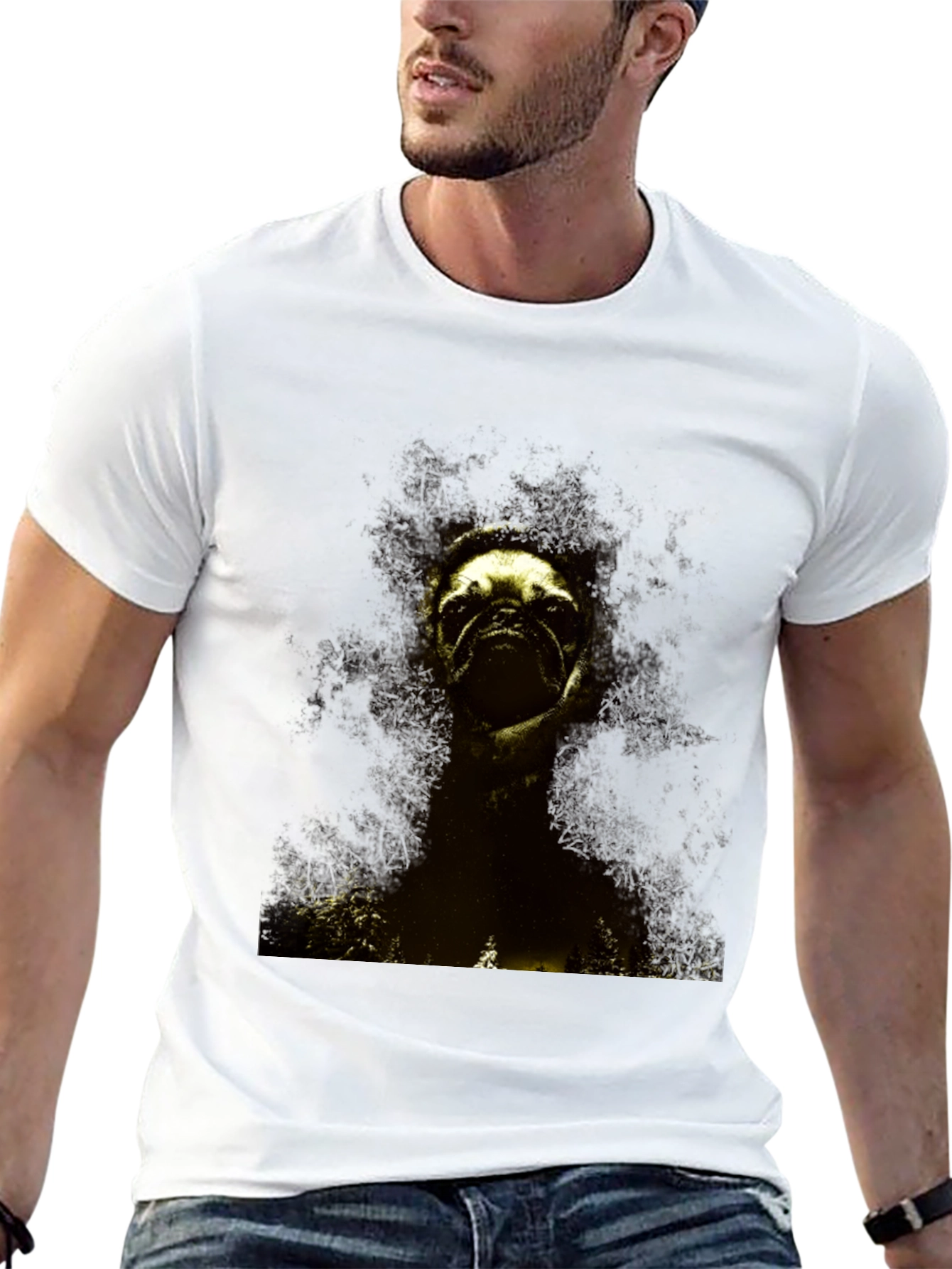 Black Pug in the Woods Black T-Shirt view 13