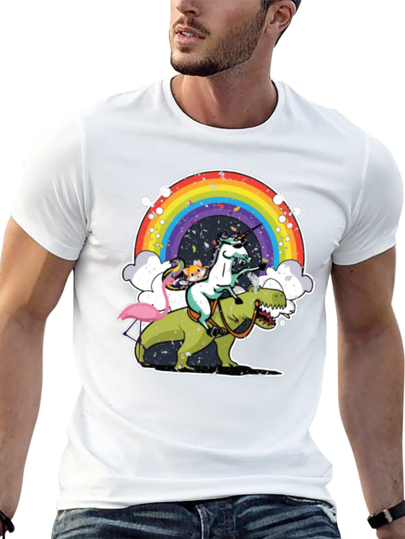Black Unicorn Riding Dino T-Shirt Rainbow Funny Novelty Tee view 13