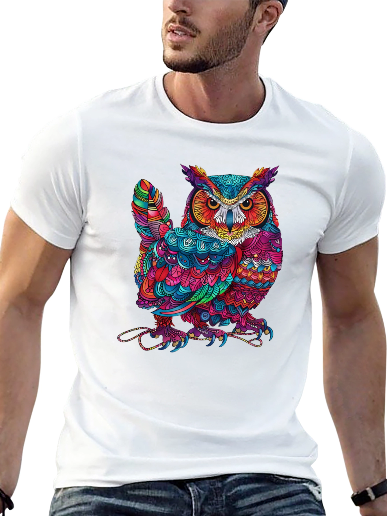 Black Colorful Owl Graphic Print Black T-Shirt view 13