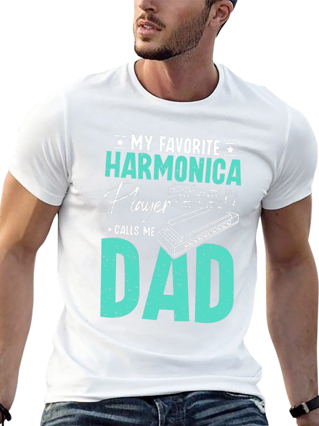 Black Harmonica Player Dad T-Shirt - Musician Father's Day Gift view 13