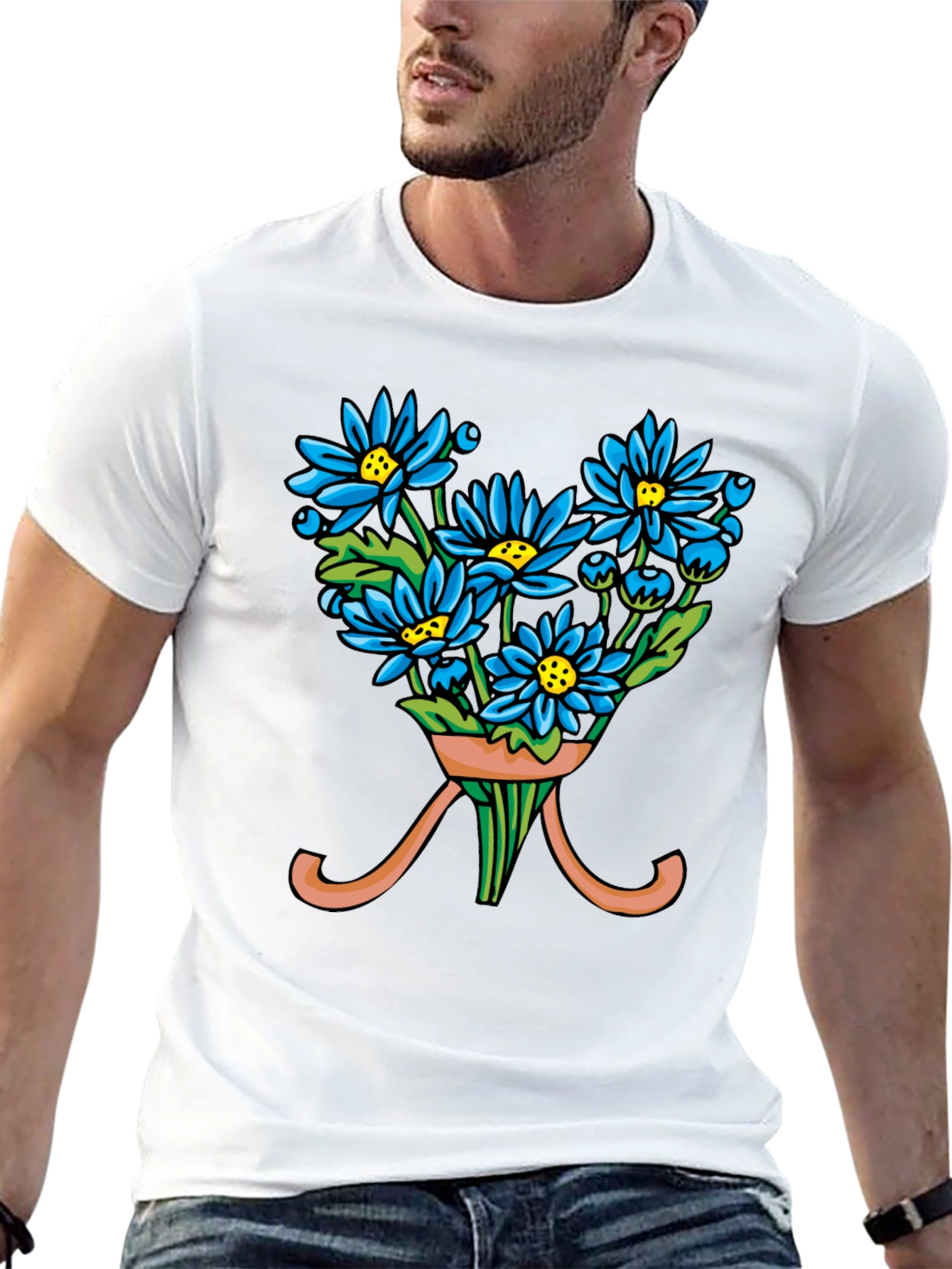 Black Floral Bouquet T-Shirt - Blue Daisy Design view 13