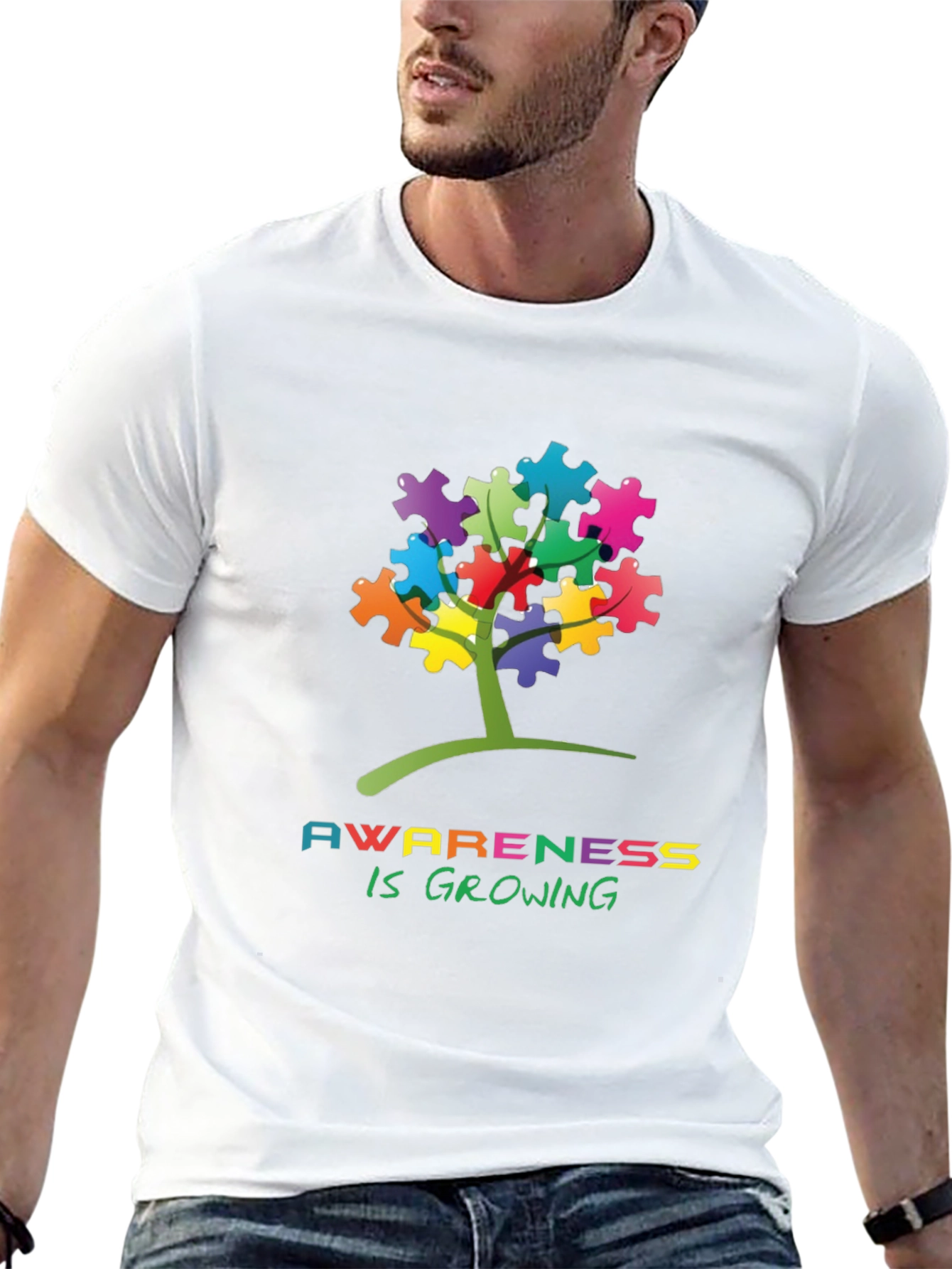Black Autism Awareness Puzzle Tree T-Shirt view 13
