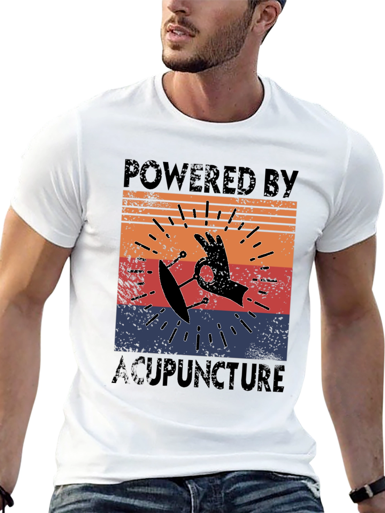Black Powered by Acupuncture Retro T-Shirt view 13