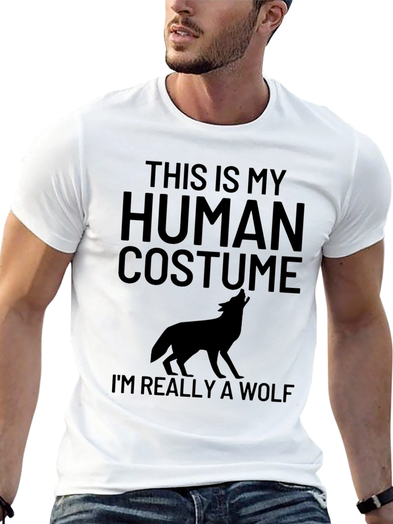 Black Human Costume Wolf T-Shirt - Fun Halloween Tee view 13