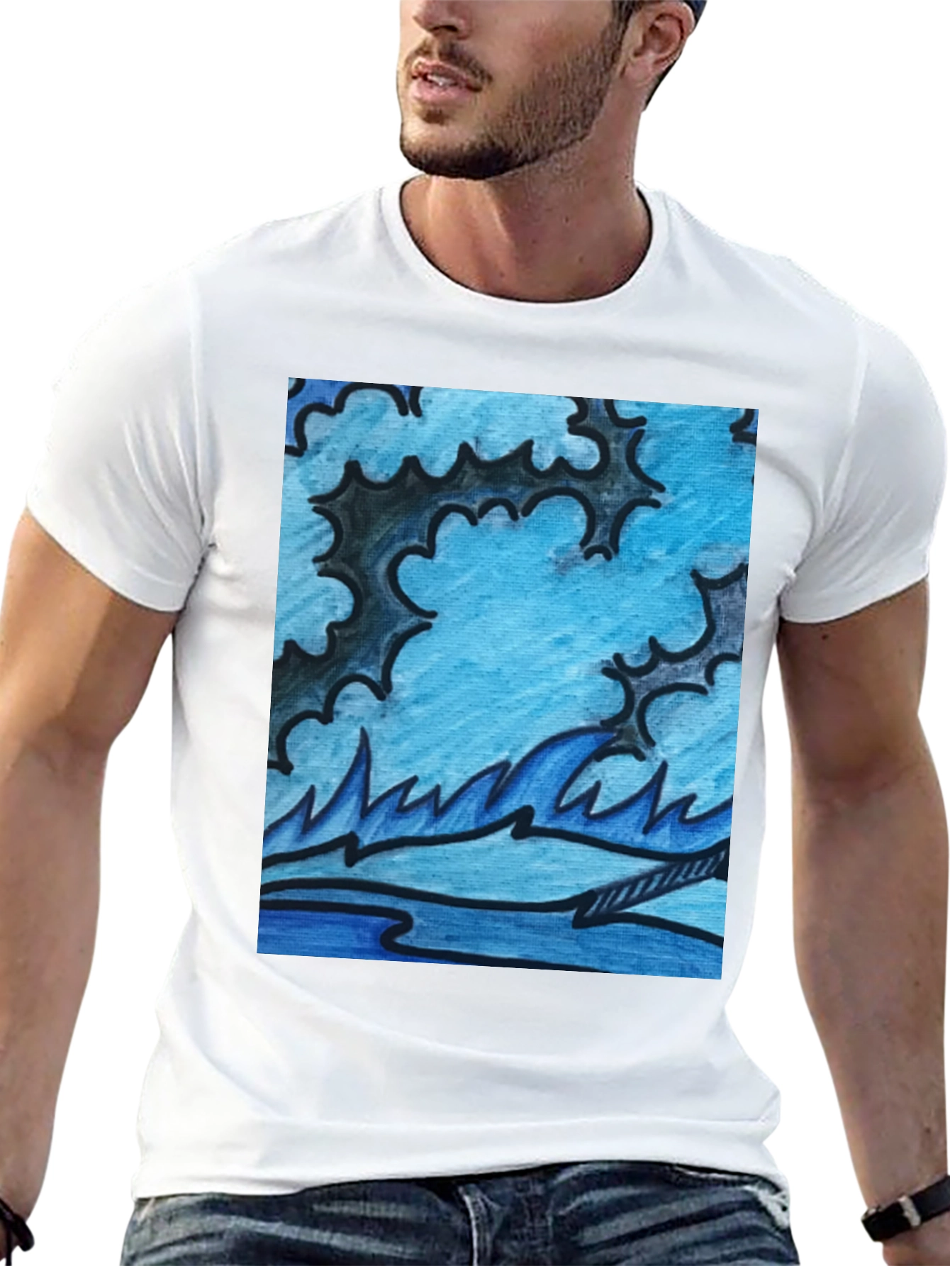 Black Abstract Blue Wave Graphic Black T-Shirt view 13