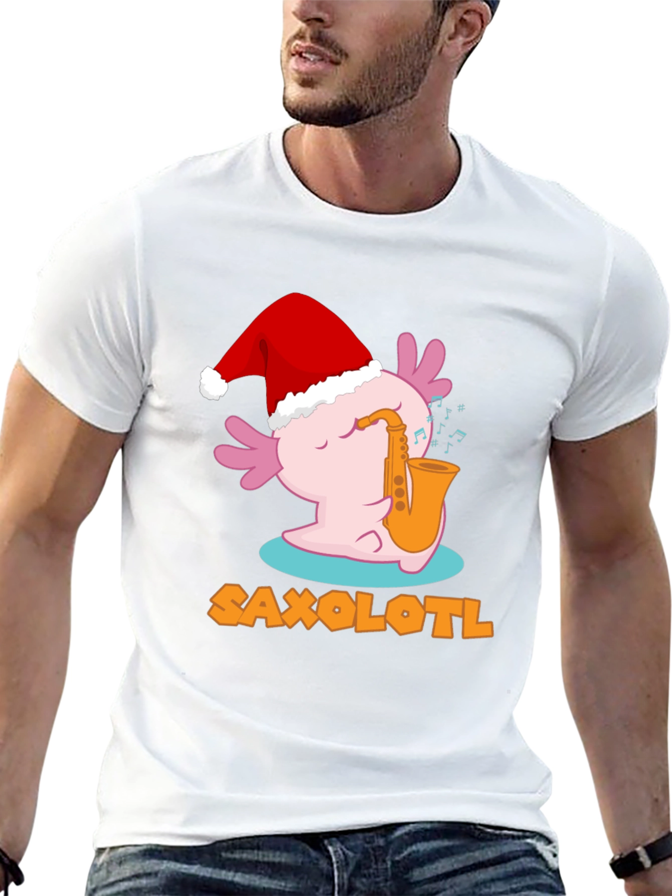 Black Saxolotl Santa Hat Christmas Black T-Shirt view 13