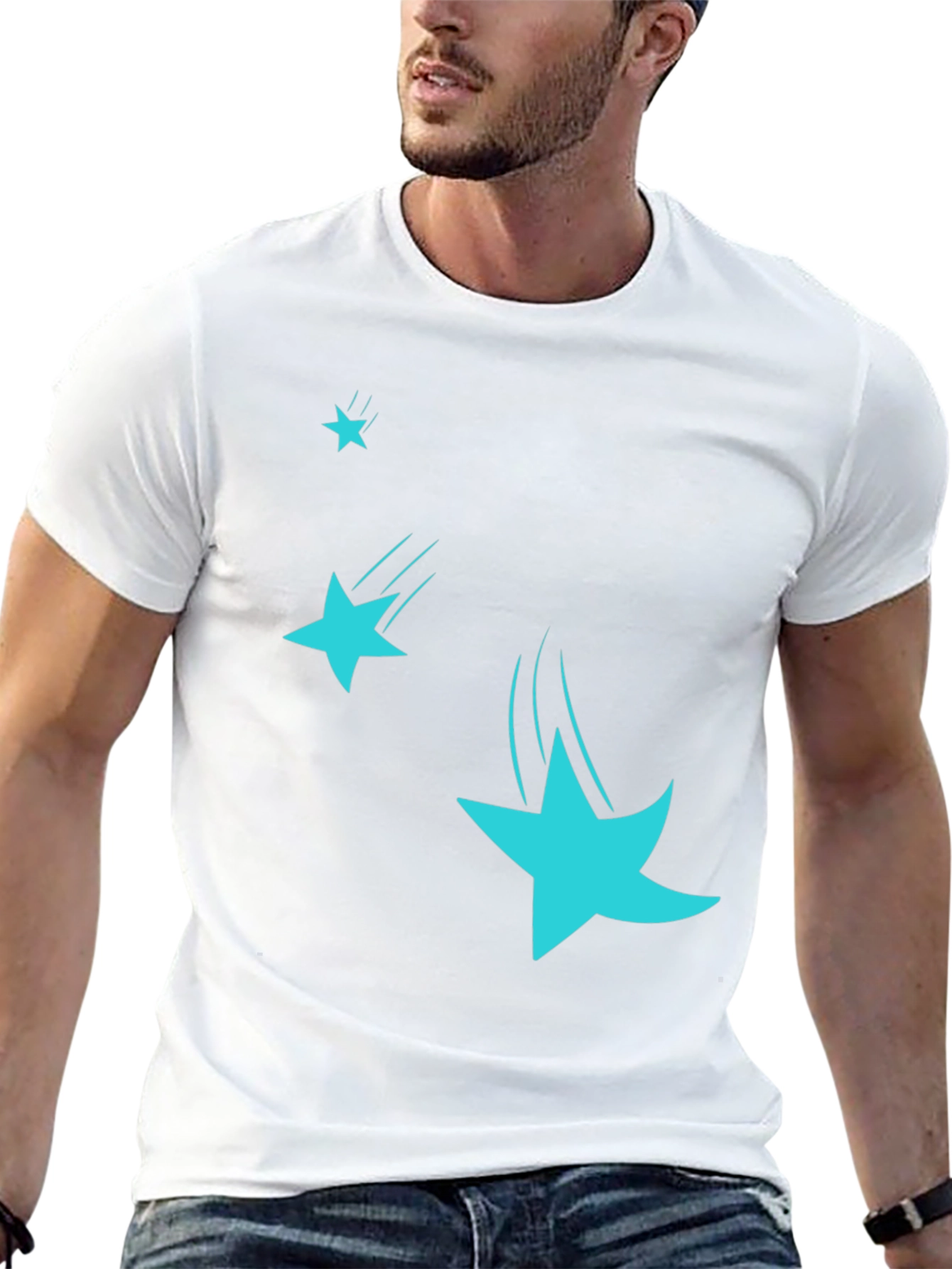 Black Men's Black T-Shirt with Falling Stars Design view 13