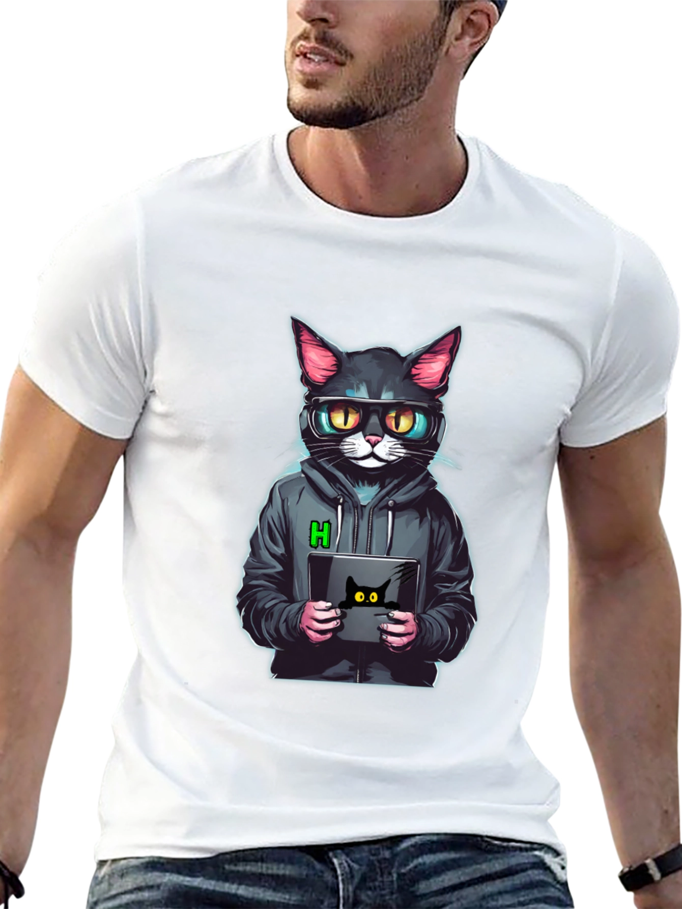 Black Hacker Cat T-Shirt - Cool & Unique Design view 13