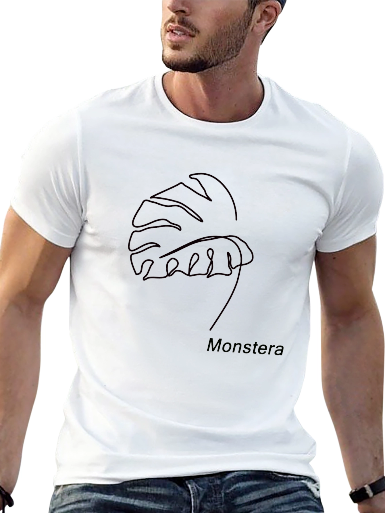 Black Monstera Leaf Line Art Black T-Shirt view 13