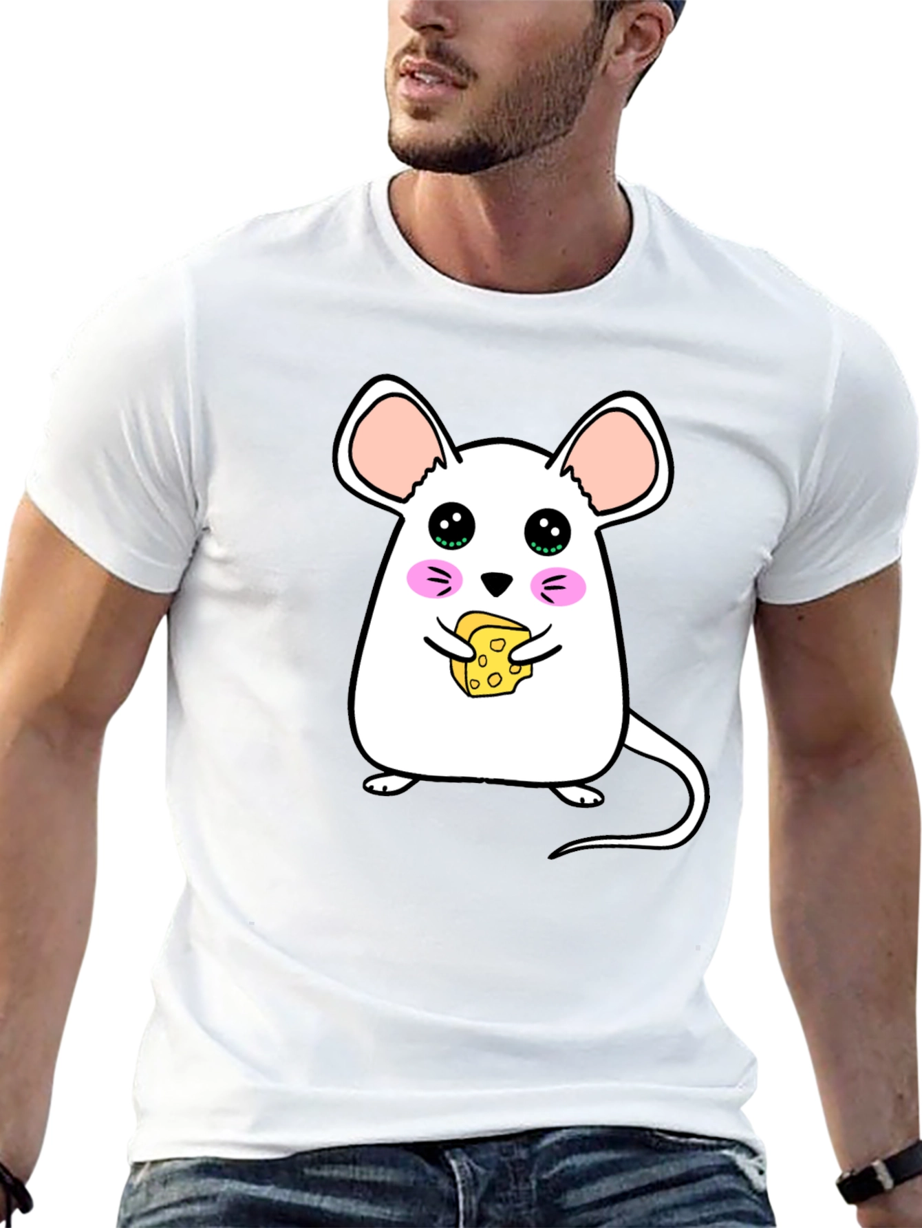 Black Cute Cartoon Mouse Eating Cheese Graphic T-Shirt view 13