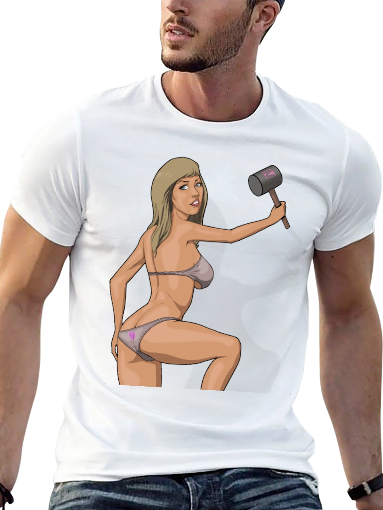 Black Humorous Graphic Tee - Sexy Woman with Hammer view 13