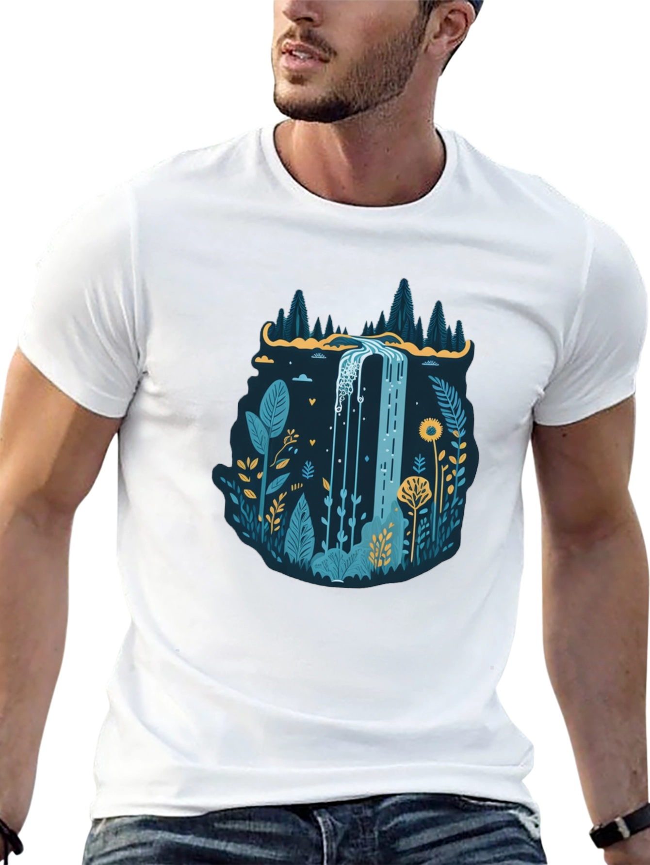 Black Nature Waterfall Graphic Black T-Shirt view 13