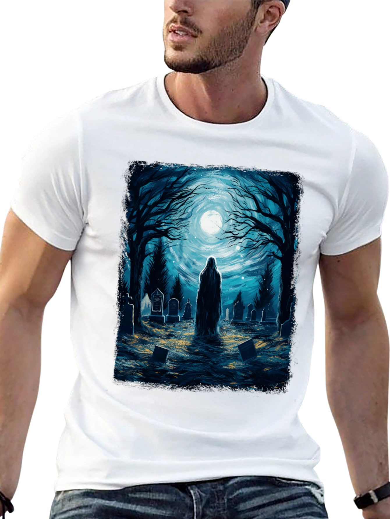 Black Ghostly Graveyard Tee - Spooky T-Shirt view 13