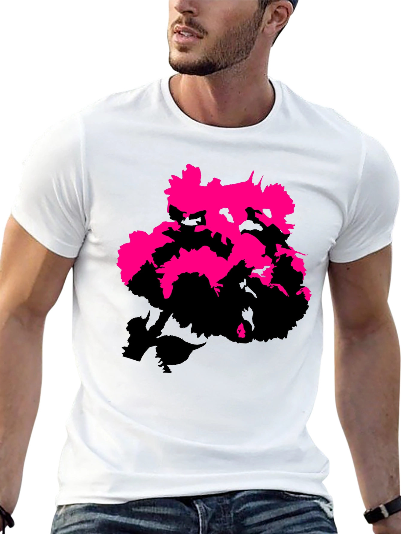 Black Modern Pink Floral Graphic Print Black T-Shirt view 13