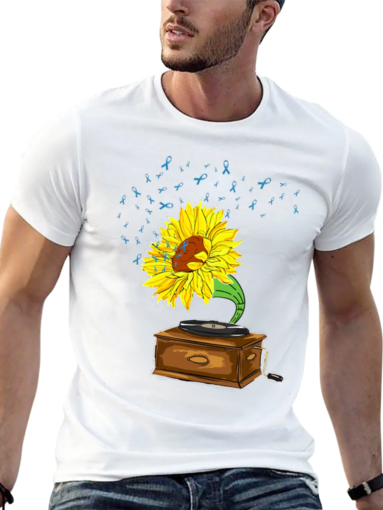 Black Sunflower Gramophone Tee - Awareness Ribbon Music Shirt view 13