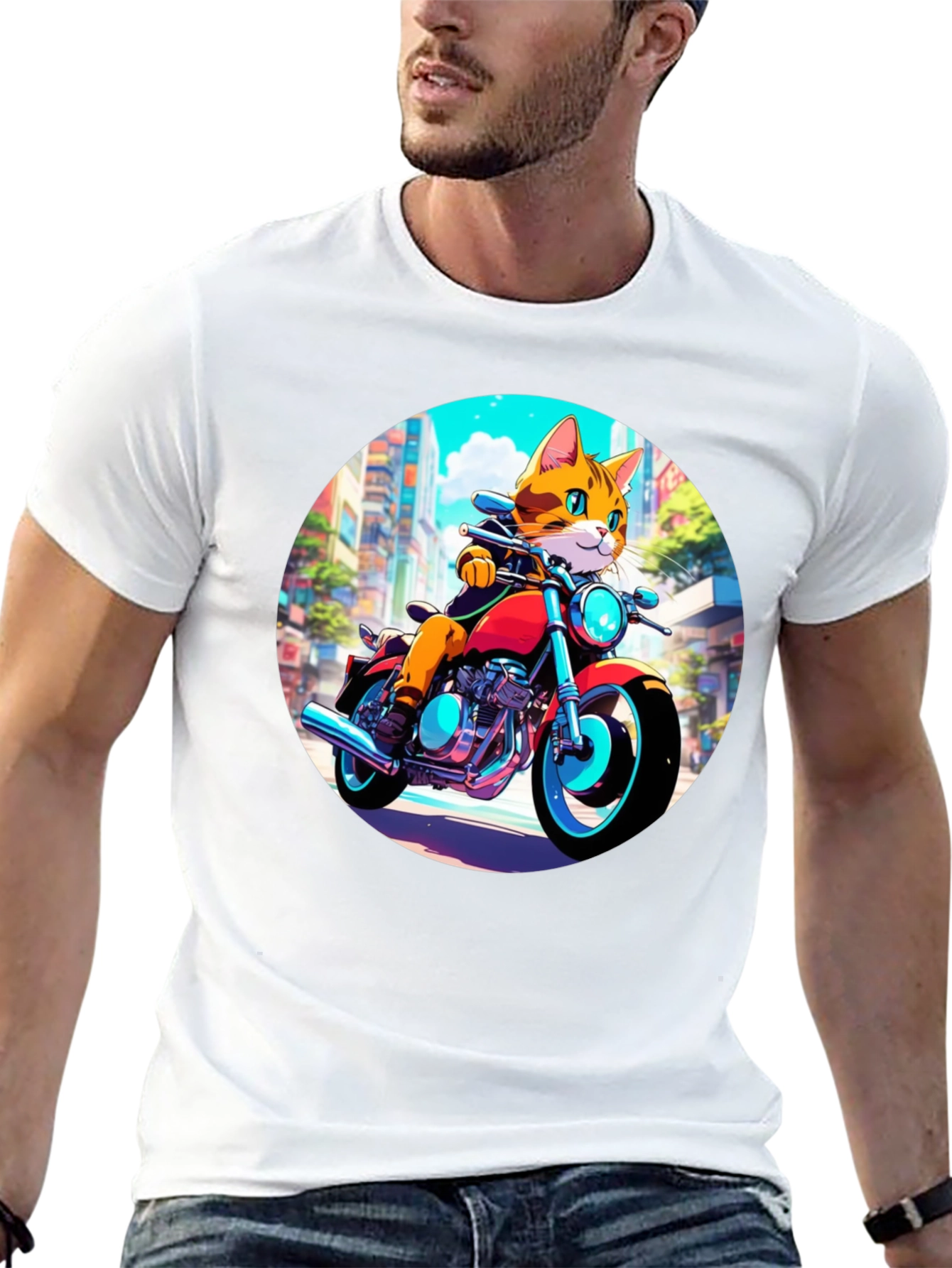 Black Cool Cat Motorcycle Rider Graphic T-Shirt view 13