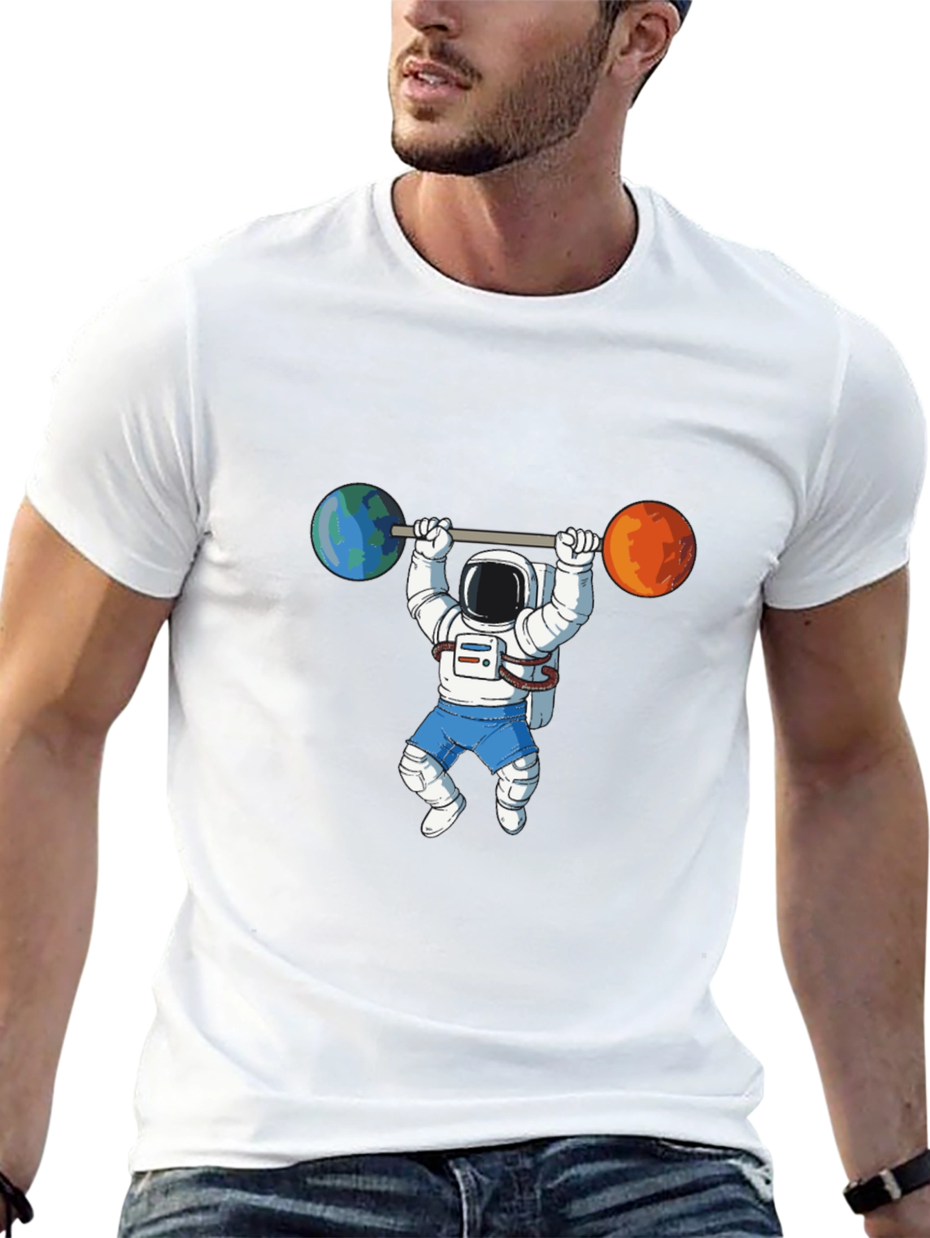 Black Astronaut Lifting Planets Graphic Tee view 13