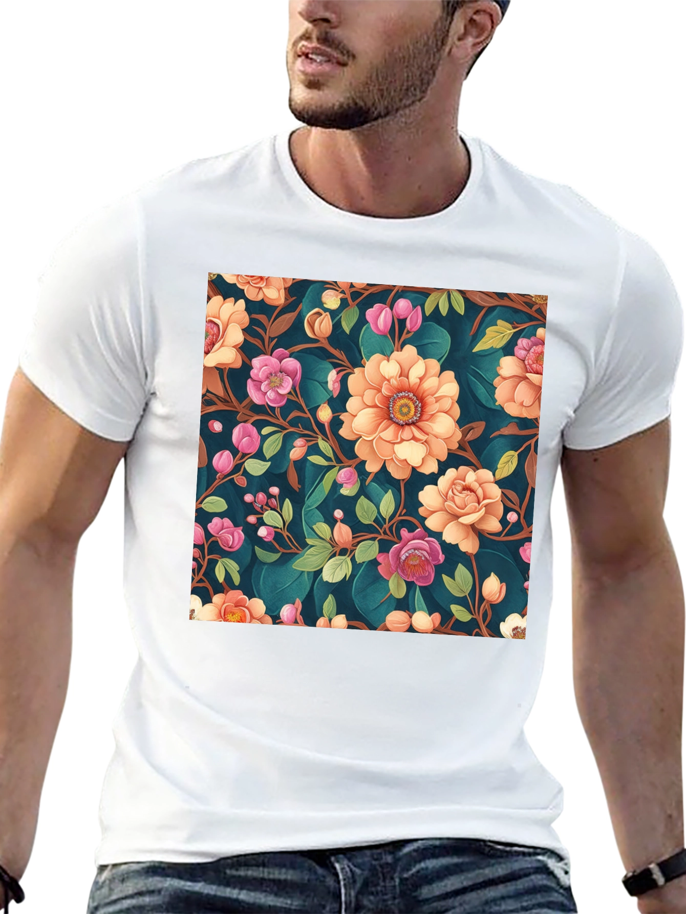 Black Floral Pattern Black T-Shirt: Stylish Print Tee view 13