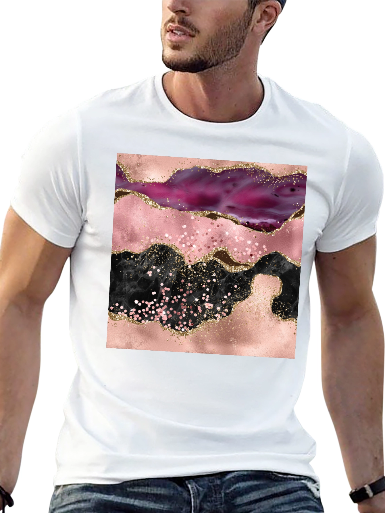 Black Abstract Geode Print Black Crew Neck T-Shirt view 13