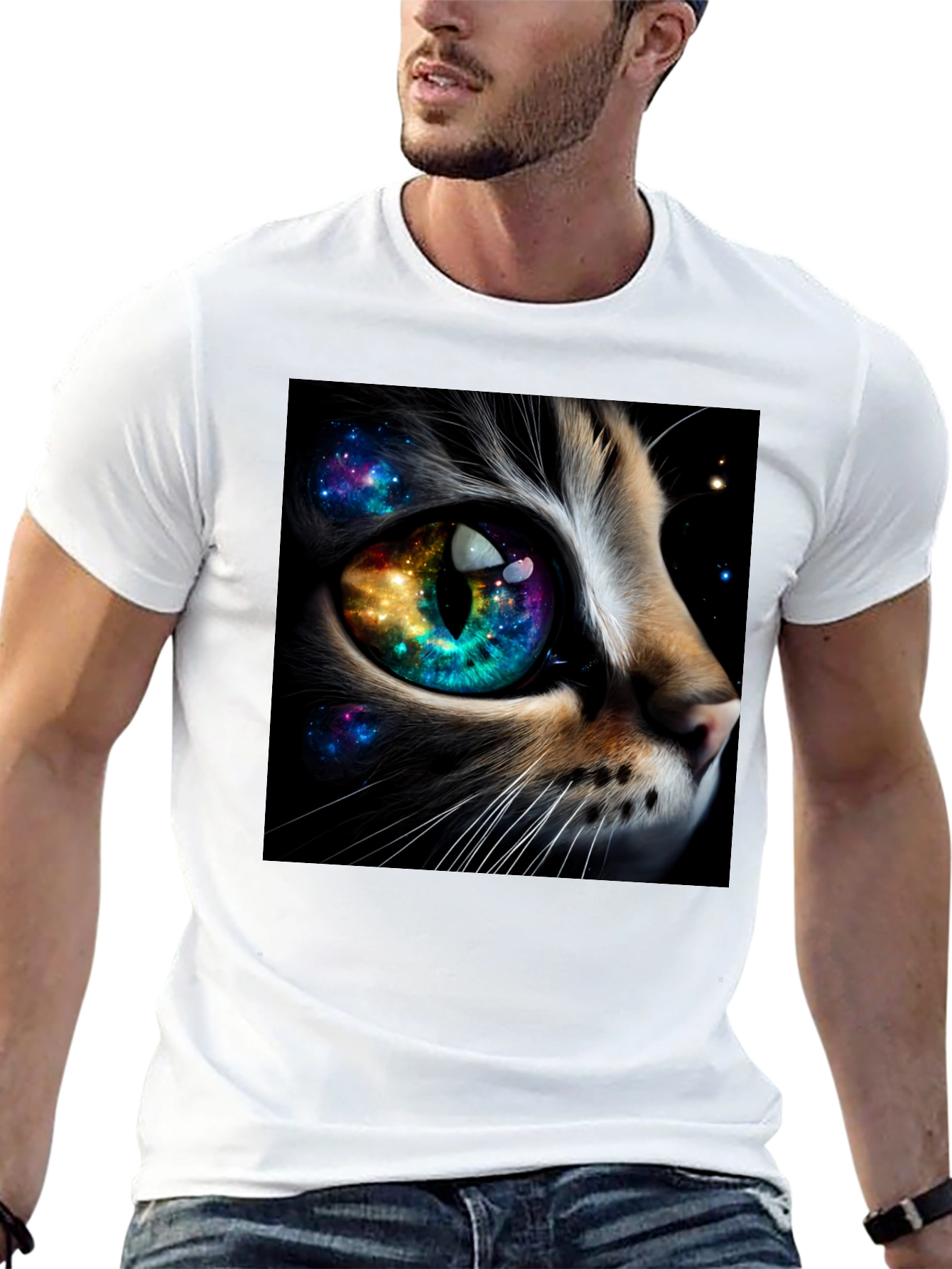Black Cosmic Cat Eye T-Shirt - Unique Galaxy Design view 13
