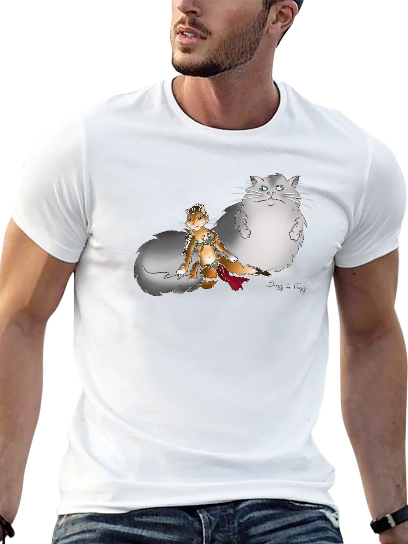 Black Graphic Print T-Shirt - Cat and Squirrel Design view 13